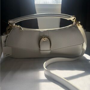 Women's White Leather Shoulder Bag with Gold Buckle